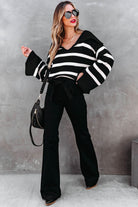 Black Caped V Neck Slit Sleeve Striped Sweater Sweaters 48f9ccb9a25e3ac4