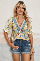 Multicolour Half Sleeve Boho Floral Pop of Color Neckline Blouse Blouses 49098a74e92f829b