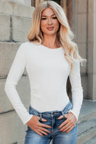 White Ribbed Long Sleeve Crew Neck Solid Color Bodysuit Bodysuit 494e948f40835abf