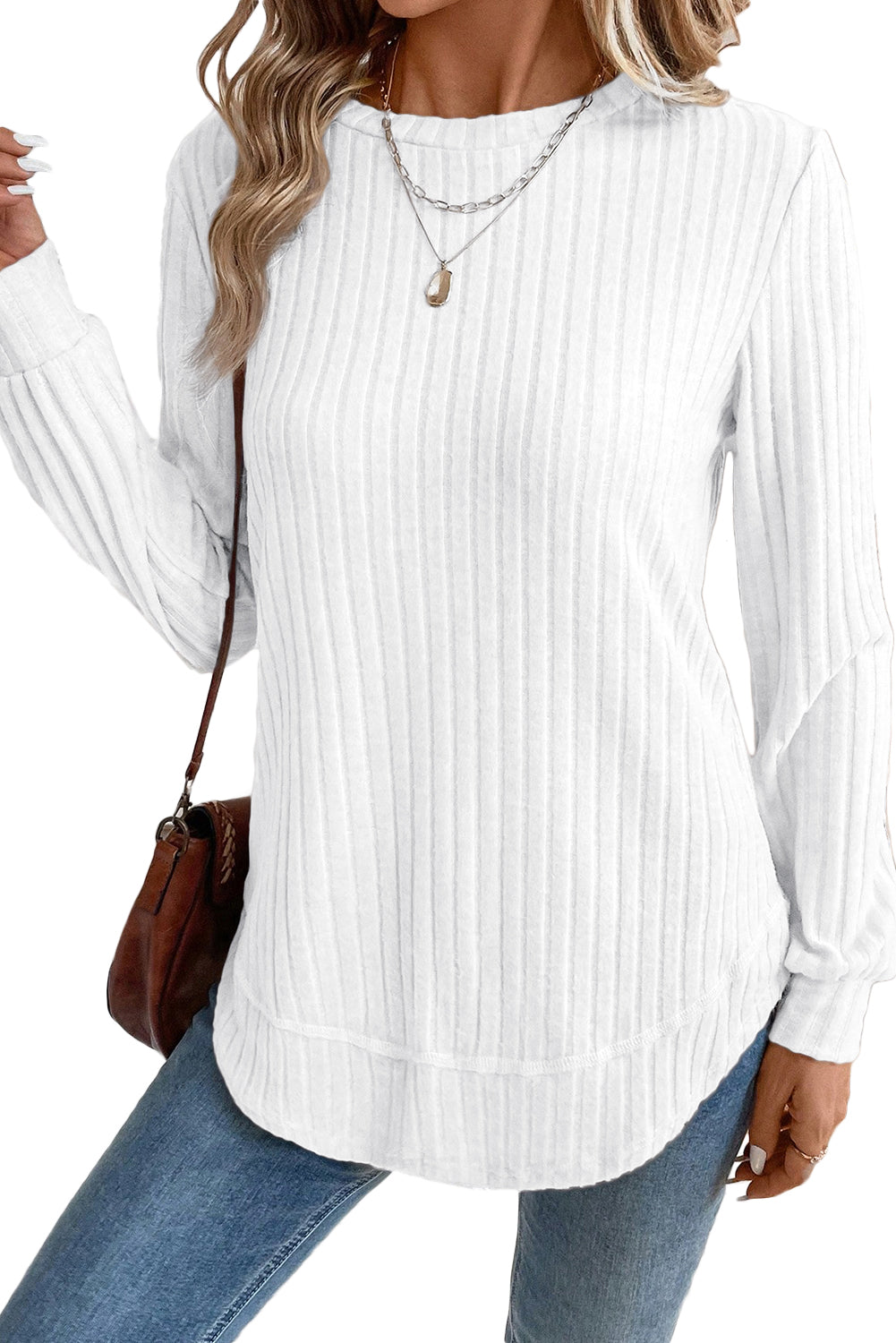 White Ribbed Texture Round Neck Long Sleeve Rounded Hem Top Long Sleeve Tops 4965385fd7e72698