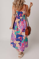 Purple Floral Print Shirred Spaghetti Strap Loose Maxi Dress Maxi Dresses 496c278bd963ecc0