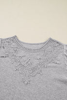 Gray Solid Lace Applique Round Neck Long Sleeve Top Long Sleeve Tops 4996476b5f410738
