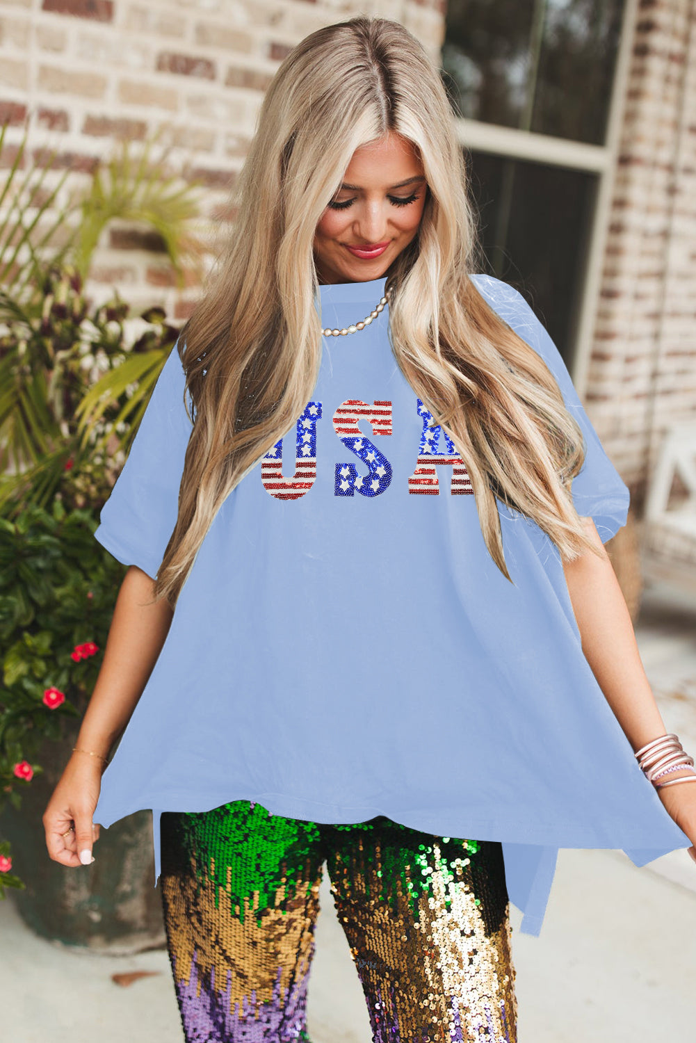 Myosotis USA Sequins Patch Drop Sleeve Crewneck T Shirt Graphic Tees 49aa63dbb75b3c4b