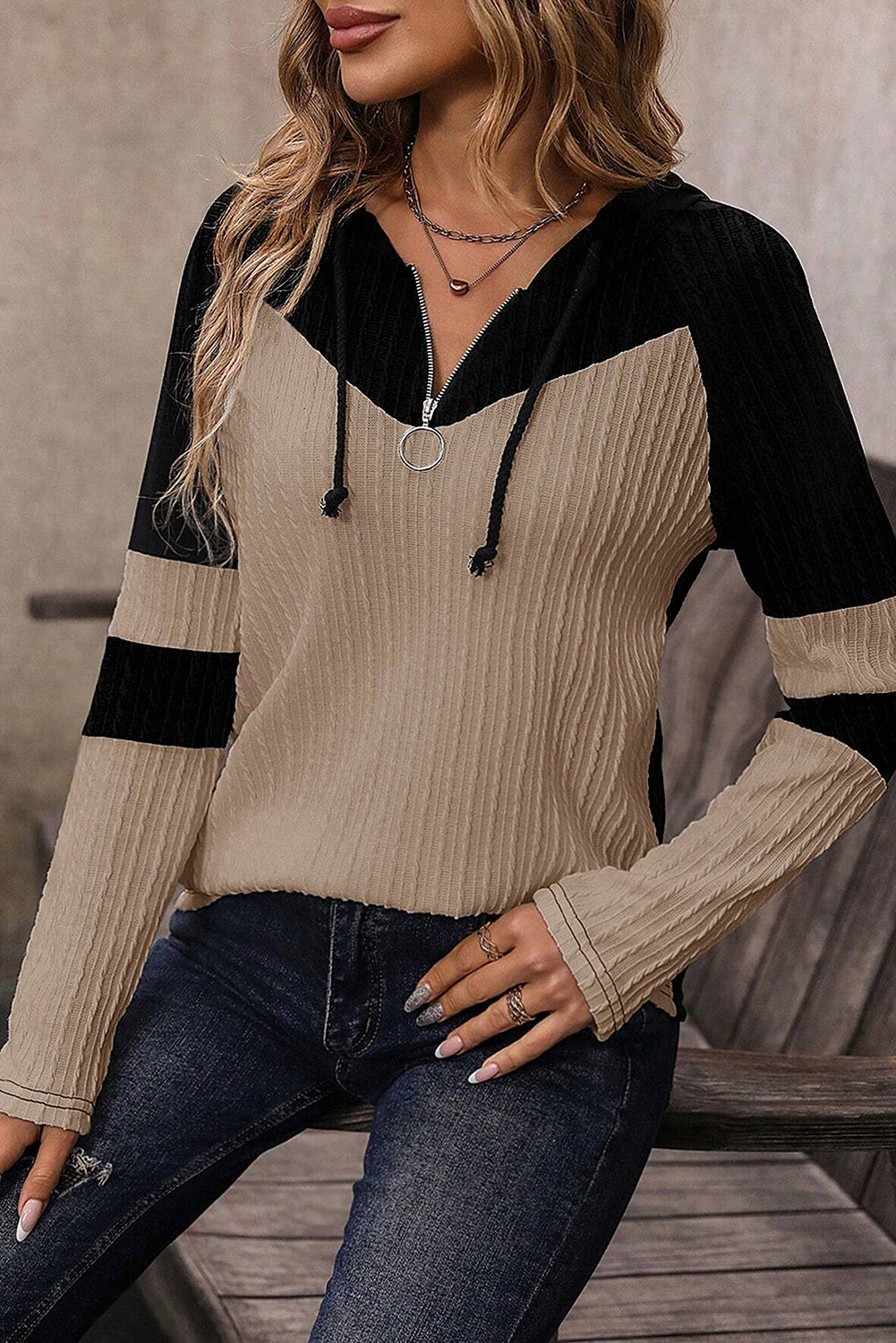 Parchment Textured Patchwork Long Sleeve Hooded Top Long Sleeve Tops 49afcd8eacc9e049
