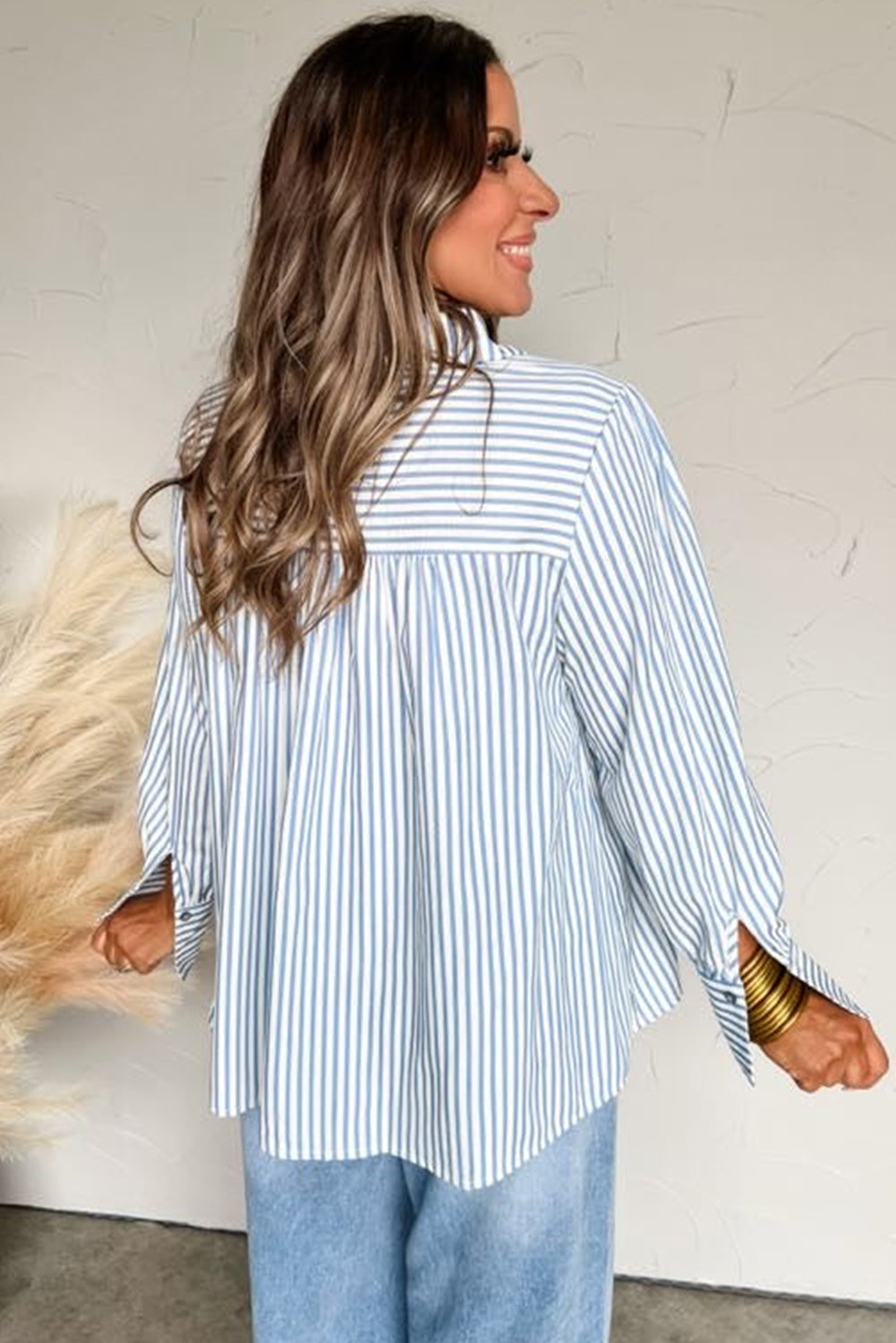 Sky Blue Striped Smocked Long Sleeve Quarter Button Shirt Blouses 49fc4bfcb5ec4d84