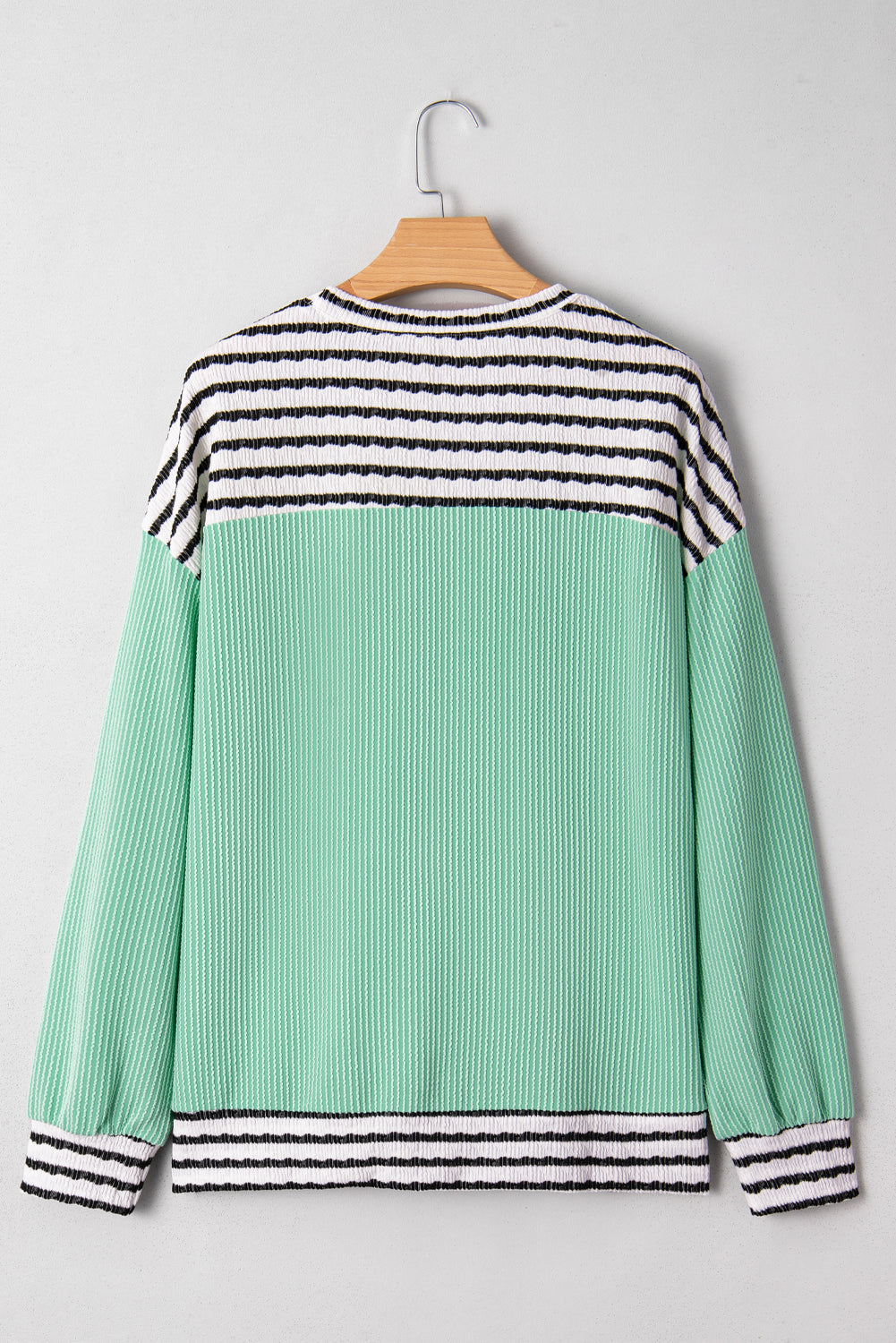 Sea Green Twisted Ribbed Contrast Round Neck Striped Patchwork Long Sleeve Top Long Sleeve Tops 4a47e21174e0e5f7