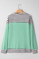 Sea Green Twisted Ribbed Contrast Round Neck Striped Patchwork Long Sleeve Top Long Sleeve Tops 4a47e21174e0e5f7