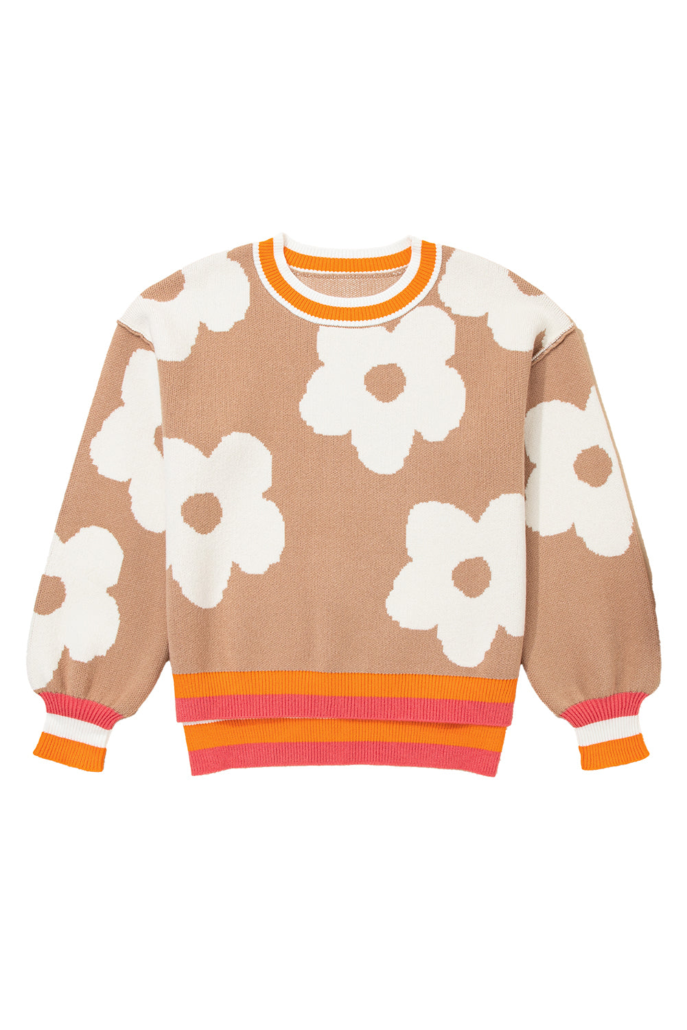 Smoke Gray Big Flower Pattern Contrast Striped Baggy Sweater Sweaters 4a49ceec6b9cfde6