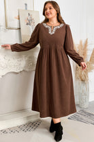 Coffee Embroidered Notched Neckline Textured Pleated High Waist Plus Size Midi Dress Plus Size Midi Dresses 4a5d145c6be33f66