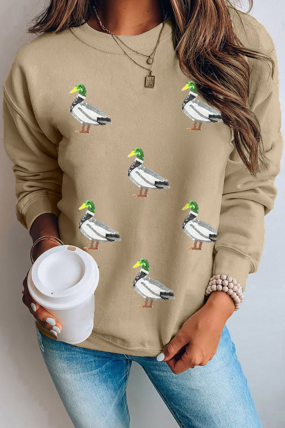 Khaki Sequin Mallard Duck Graphic Sequins Patch Baggy Sweatshirt Graphic Sweatshirts 4a82486a68769be2