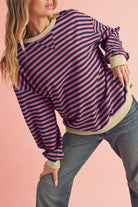 Blue Stripe Contrast Edge Cross Seam Oversized Pullover Sweatshirts & Hoodies 4aacaf53d202e102