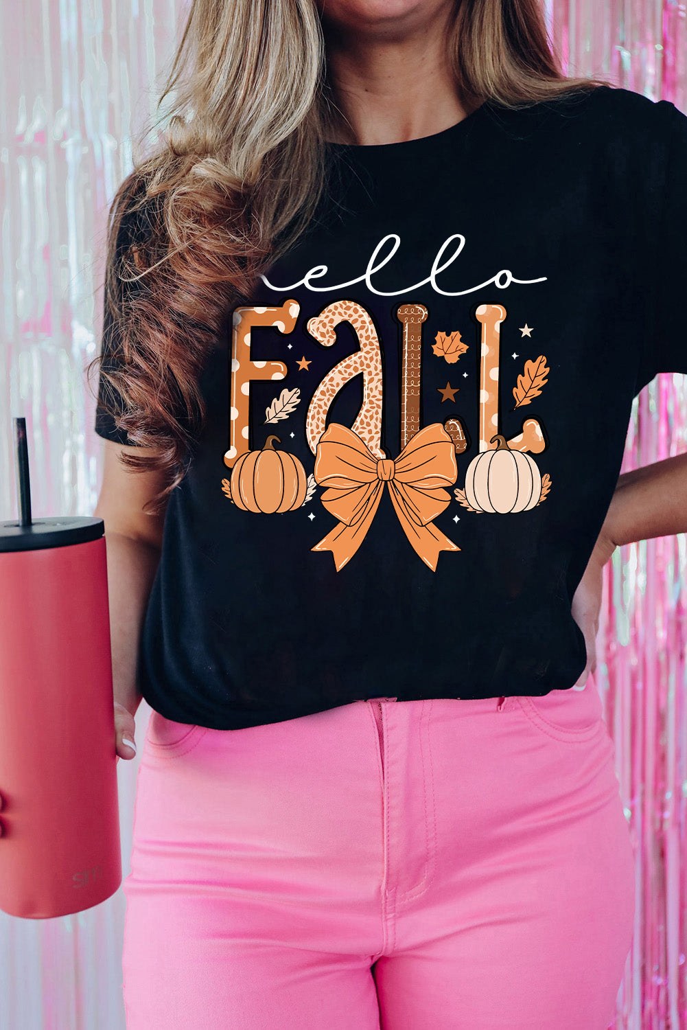 Black Hello Fall Thanksgiving Bow Pumpkin Heat Transfer Printing Graphic Tee Graphic Tees 4add4162dfd0dd84