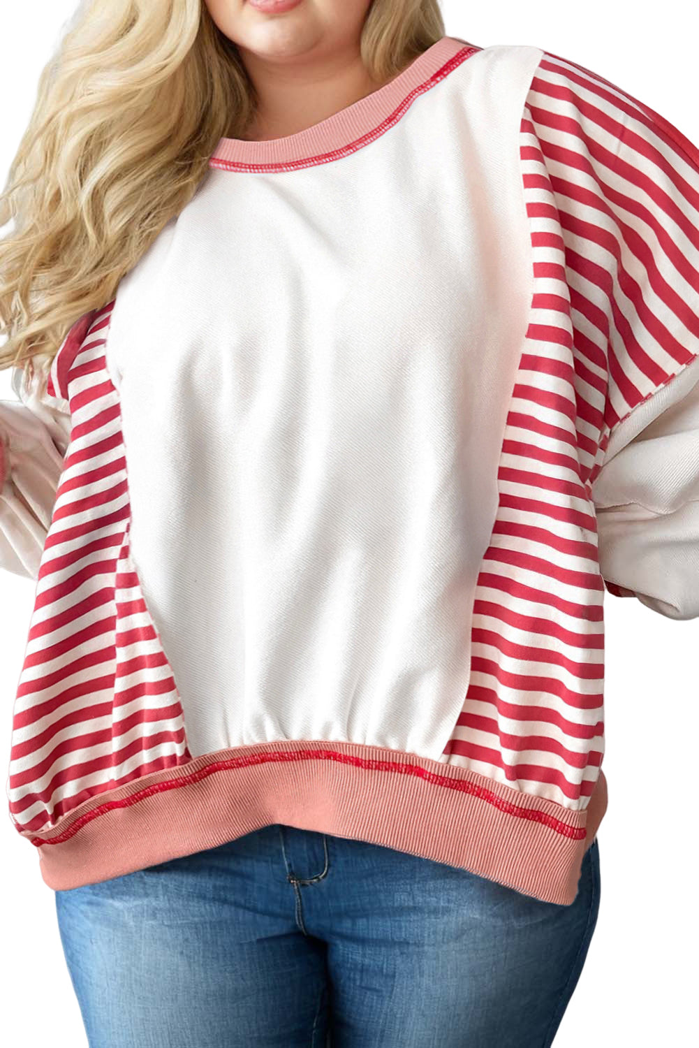 Red Stripe Colorblock Patchwork Stitching Detail Plus Size Sweatshirt Plus Size Tops 4af0e6b878a40f70