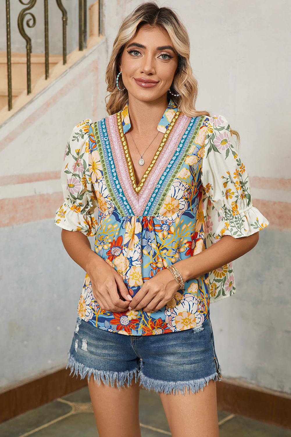 Multicolour Half Sleeve Boho Floral Pop of Color Neckline Blouse Blouses 4b0e30cfdc2796fd