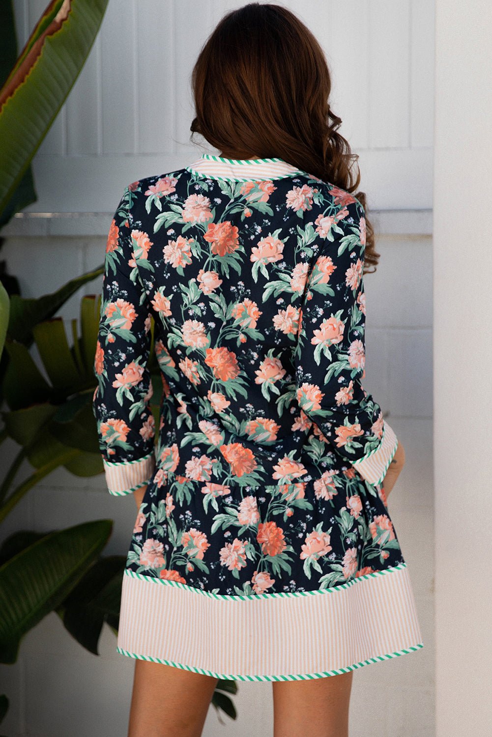 Blue Floral Print Striped Trim V Neck Long Sleeve Ruffle Hem Shift Mini Dress Floral Dresses 4b18771a0b72bc22