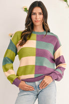 Green Stripe Colorblock Drop Shoulder Ribbed Edge Sweater Sweaters 4b22396f4510df8e