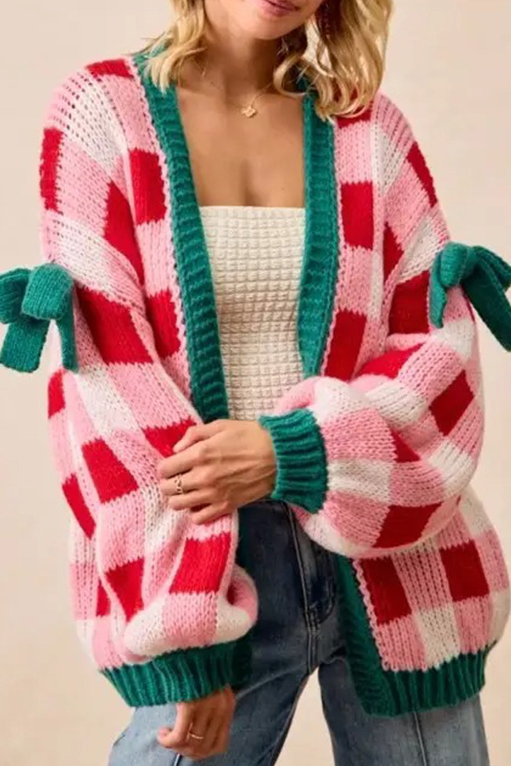 Pink Colorblock Checkered Open Front Knit Cardigan Cardigans 4b46b70bd8a283ce