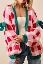 Pink Colorblock Checkered Open Front Knit Cardigan Cardigans 4b46b70bd8a283ce