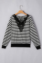 Black Stripe Crochet Hollow-out Back Buttoned Decor V Neck Top Blouses 4b85beb6edebb461