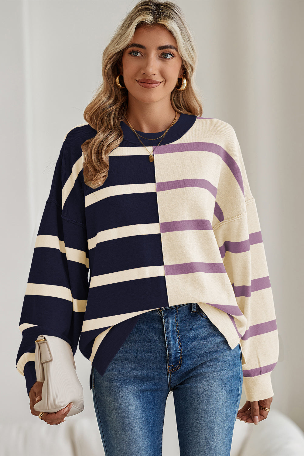 Blue Stripe Exposed Seam Patchwork Loose Sweater Sweaters 4b96101552fb04aa