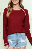 Red Exposed Seam Textured Pullover Long Sleeve Top Long Sleeve Tops 4b9be21e316e7787