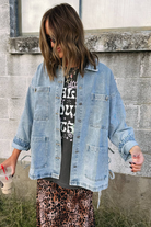 Beau Blue Multi Patched Pockets Side Tie up Boyfriend Style Denim Jacket Jackets 4b9f77c3deba9b67