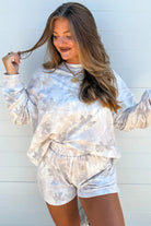 Beige Abstract Maple Leaf Print Long Sleeve Top Elastic Waist Shorts Set Two Piece Shorts Sets 4becb94a7d034085