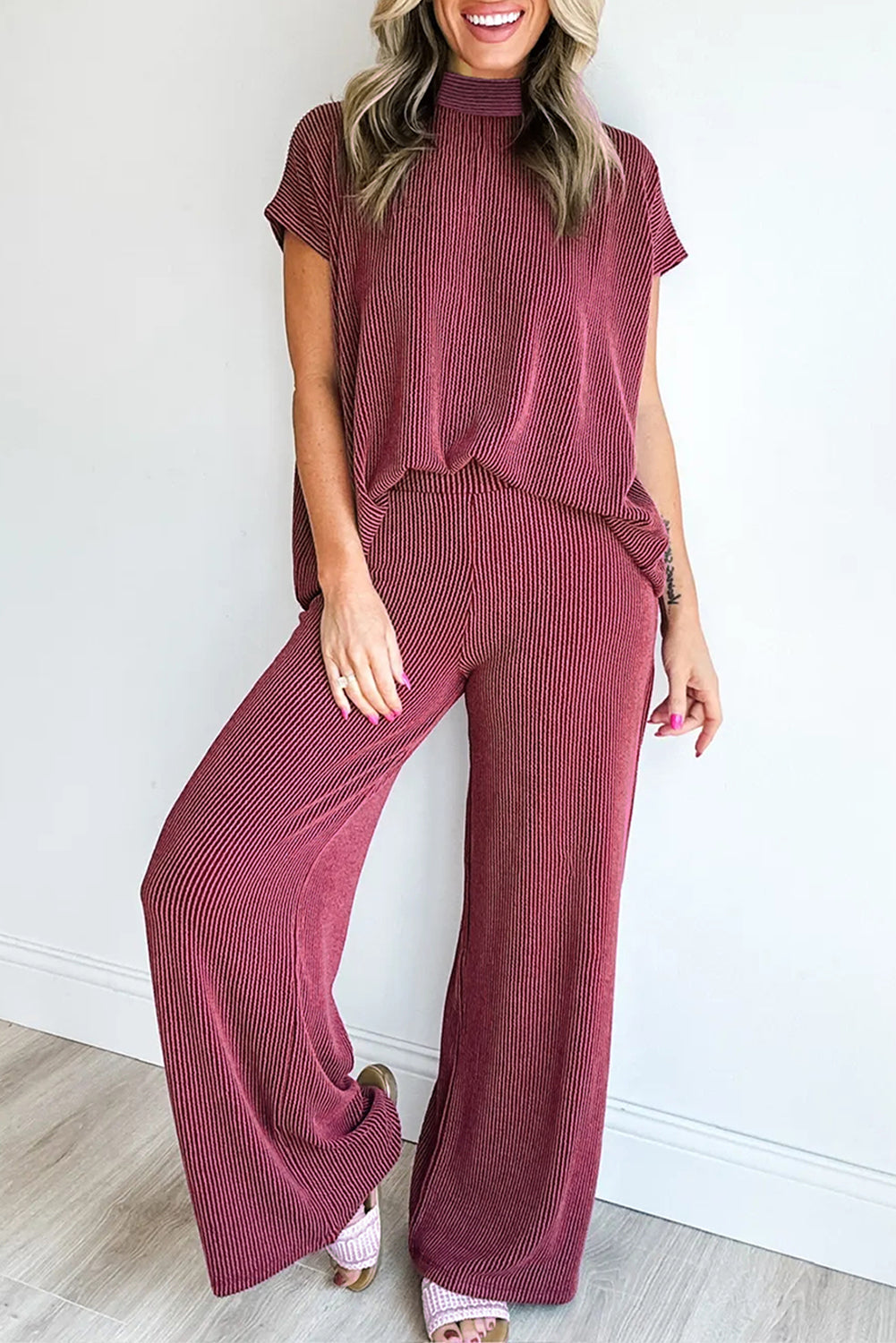 Burgundy Twisted Ribbed High Neck Loose Tee Elastic High Waist Loose Pant Set Pant Sets 4c5ab1fe24e7ca2e