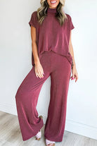 Burgundy Twisted Ribbed High Neck Loose Tee Elastic High Waist Loose Pant Set Pant Sets 4c5ab1fe24e7ca2e