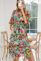 Green Boho Floral Puff Sleeve V Neck Tassel Drawstring Midi Dress Midi Dresses 4c72670a62b94869