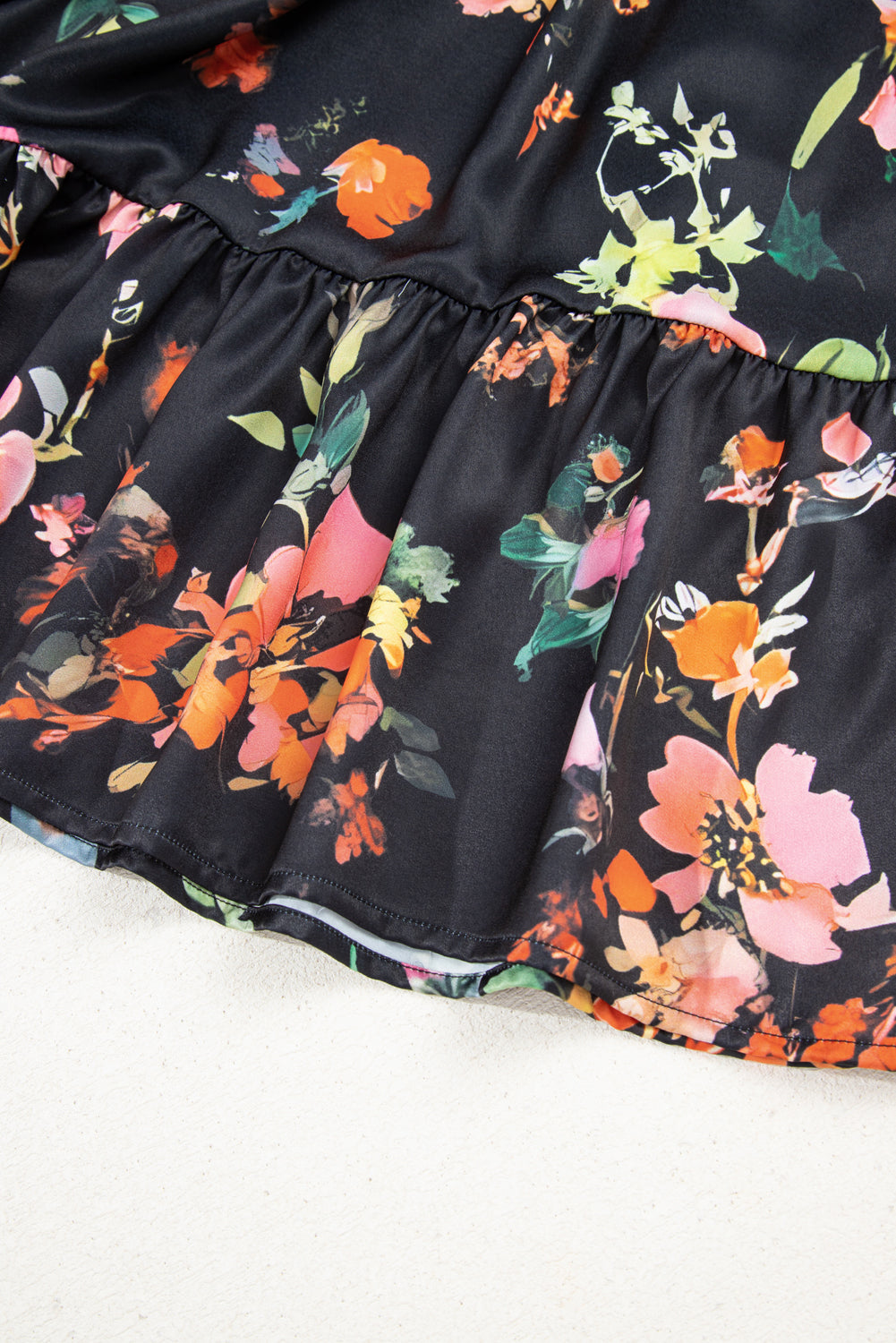 Black Plus Size Floral Print Tie Neck Cinched Waist Long Sleeve Mini Dress Plus Size Dresses 4ca44da6428bf0ce