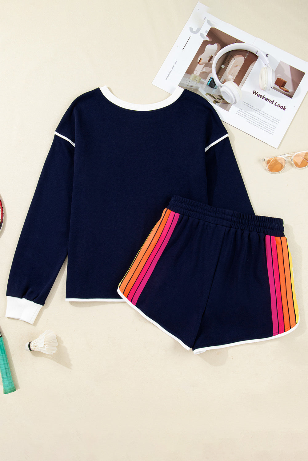 Bluing Colorful Striped Accent Varsity Long Sleeve Pullover and Shorts Matching Set Two Piece Sets 4cad199a55a86b2c