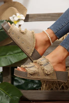 Pale Khaki Double Buckle Straps Frayed Detial Retro Slippers Slides Shoes + Flip Flops 4cce443b4548aa5a