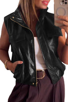 Black Double Flap Pocket Faux Leather Zip Up Stand Neck Vest Jackets 4ceebf92de55f087
