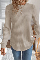 Ribbed Texture Round Neck Long Sleeve Rounded Hem Top Long Sleeve Tops 4d06da59c3e327e7