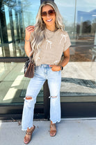 Parchment Bowknot Applique Cap Sleeve Sweater Short Sleeve Sweater 4d4732600aecb426