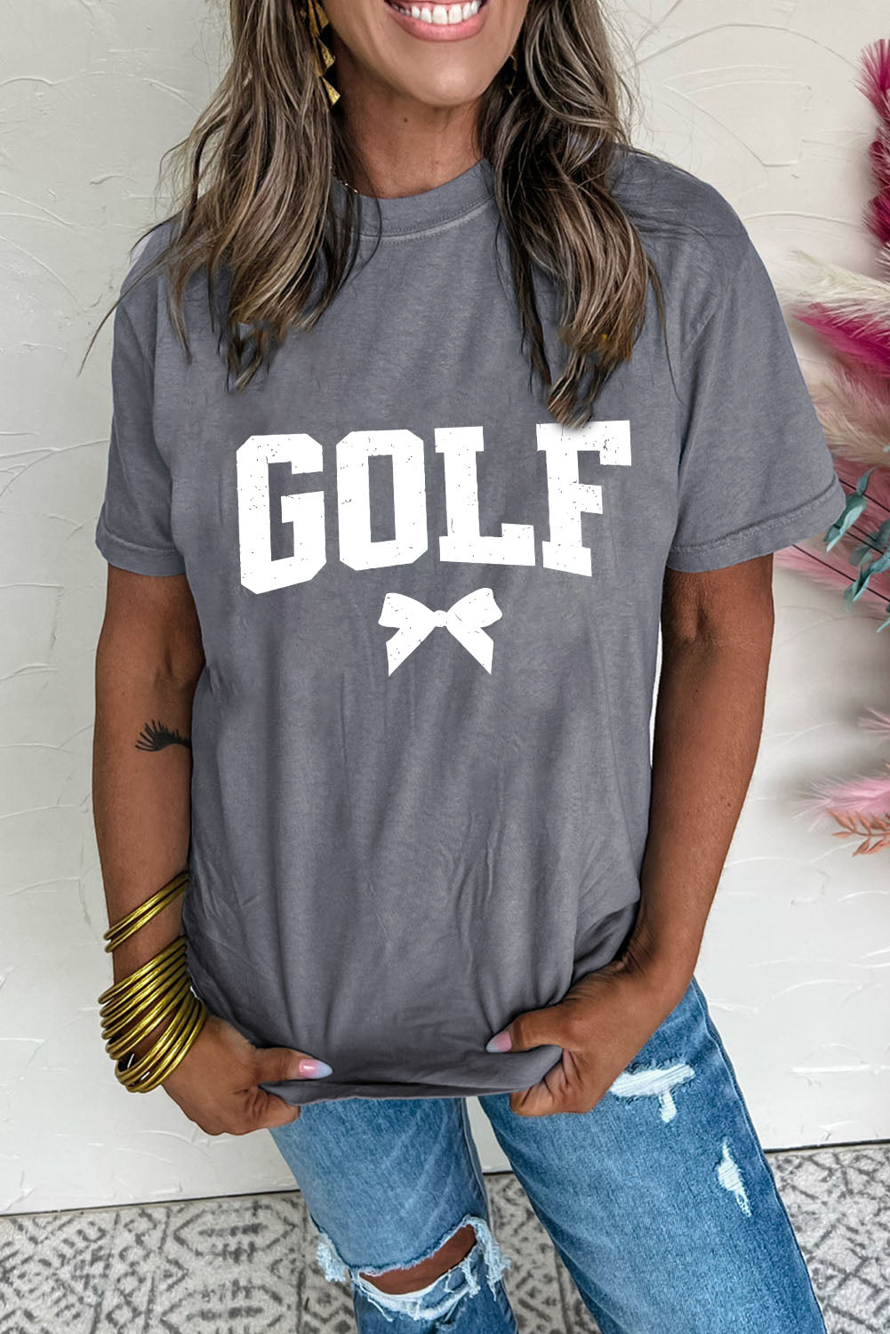 Gray GOLF Bow Heat Transfer Printing Casual T Shirt Graphic Tees 4d8ca60c996b676e