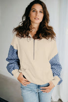 Parchment Checkered Patchwork Kangaroo Pocket Half Zipper Hoodie Sweatshirts & Hoodies 4d8cf32507890698