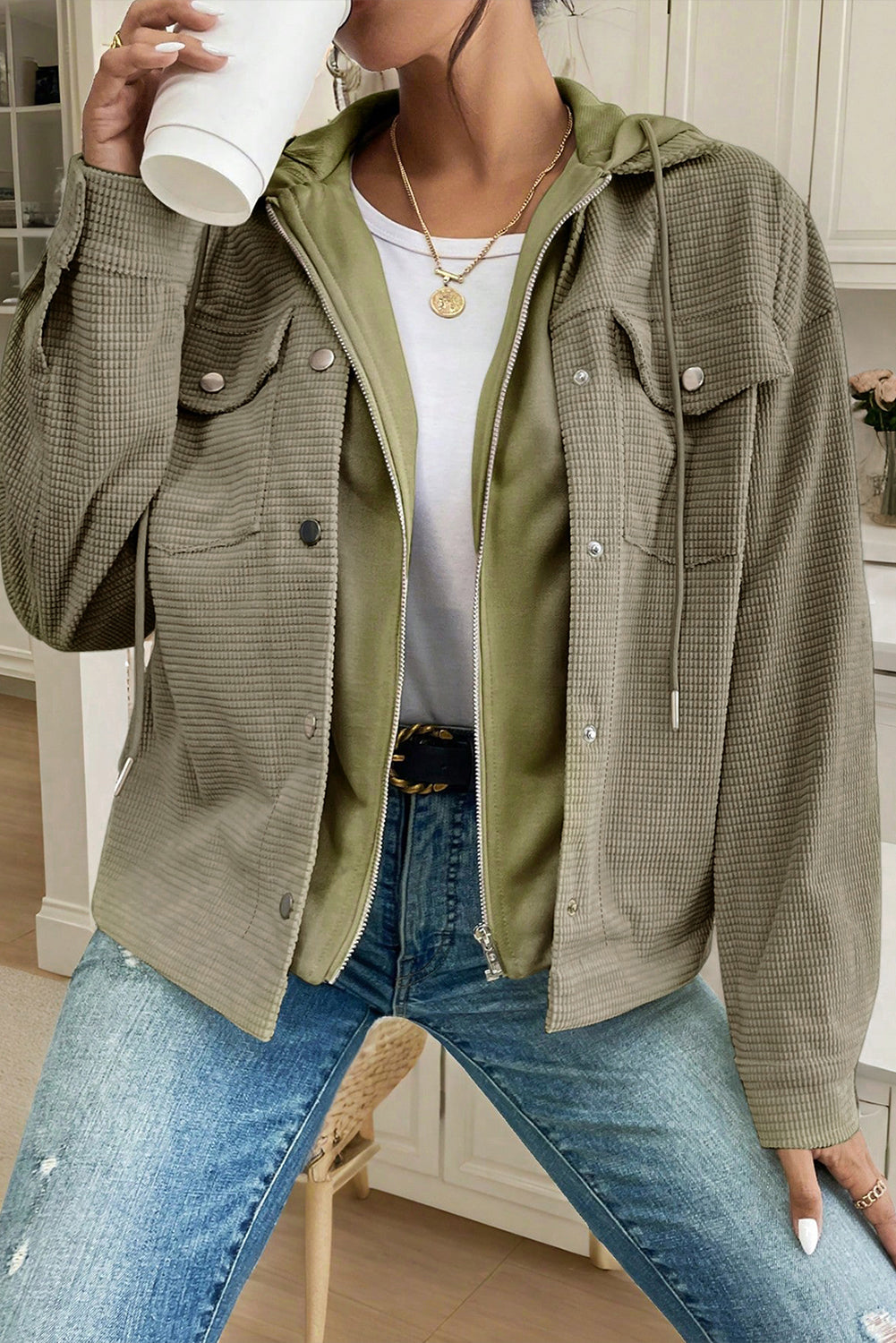 Beige Solid Color Textured Patchwork Flap Pocket Shacket Jackets 4dc32899efcff06d