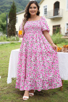 Pink Plus Size Floral Print Smocked Puff Sleeve Maxi Dress Plus Size Dresses 4de281e2ddf43144