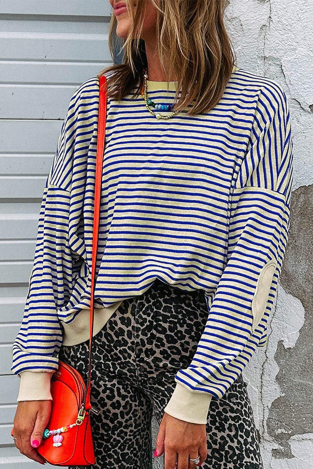 Blue Stripe Textured Elbow Patched Crew Neck Drop Shoulder Sweatshirt Sweatshirts & Hoodies 4def45877359b9f2