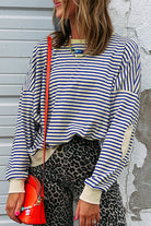 Blue Stripe Textured Elbow Patched Crew Neck Drop Shoulder Sweatshirt Sweatshirts & Hoodies 4def45877359b9f2