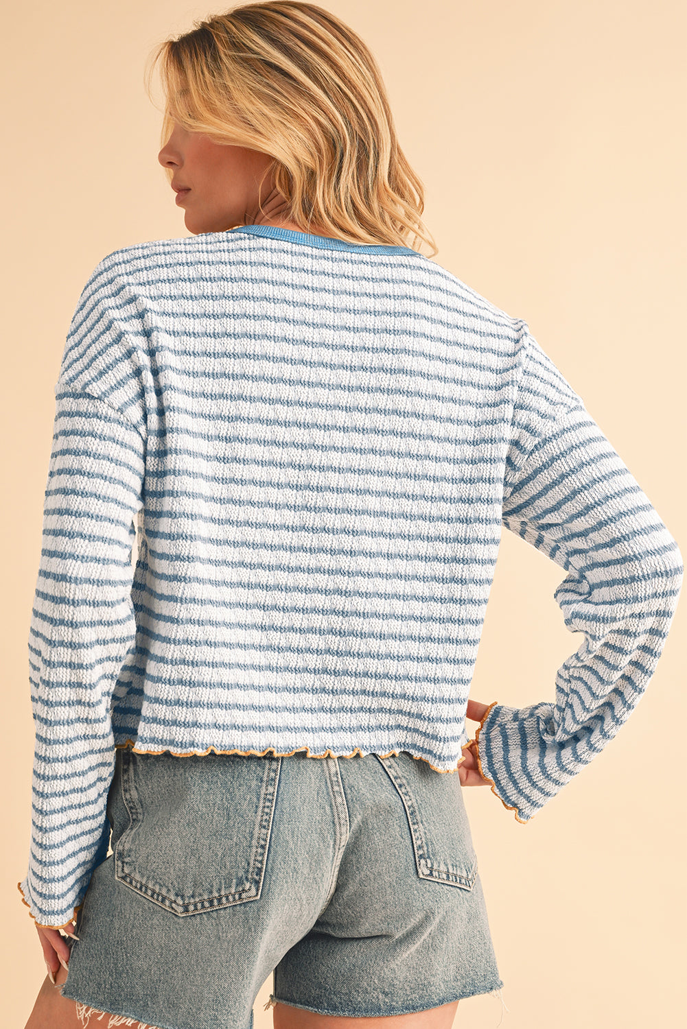 Sky Blue Stripe Textured Long Sleeve Henley Top Long Sleeve Tops 4df6d837784d785c