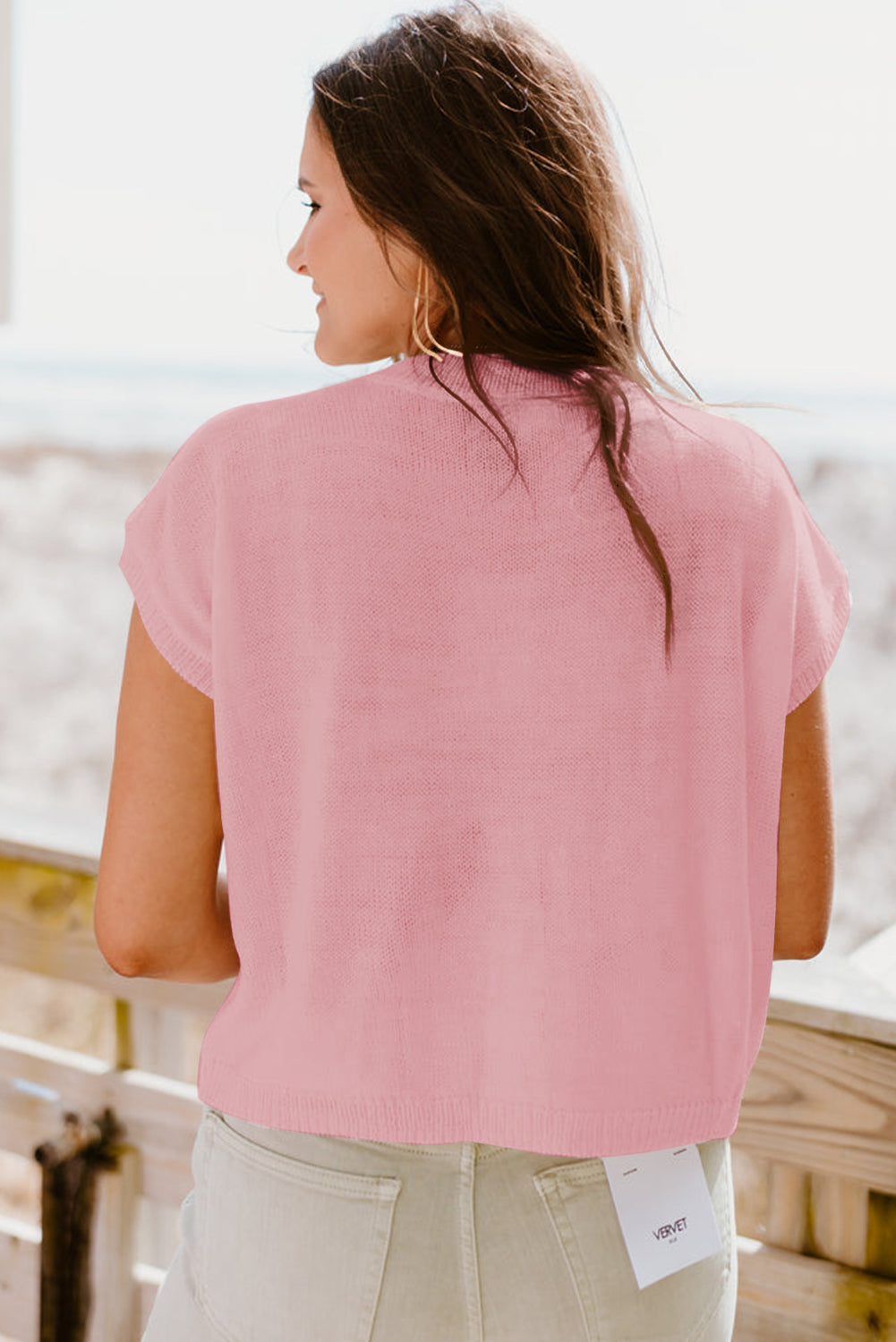 Pink Flower Patch Knit Round Neck Tee Knit Tops 4e00a3e012b70673