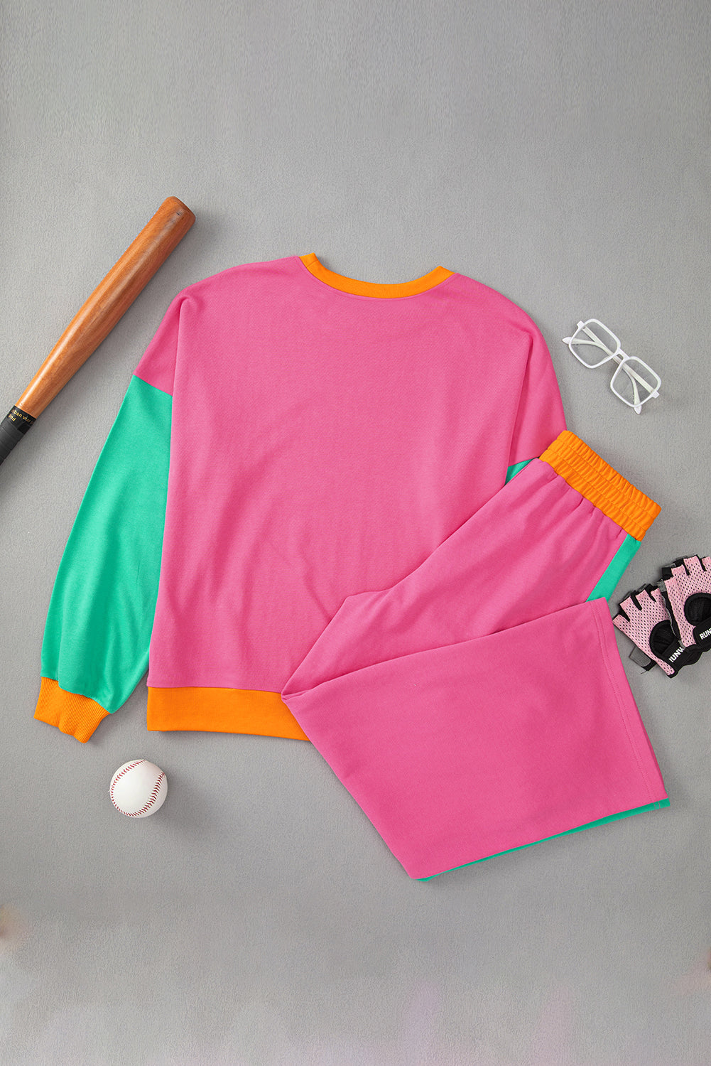 Rose Red Colorblock Patchwork Long Sleeve Top and Pants Set Two Piece Pants Sets 4e29e3746a26c310