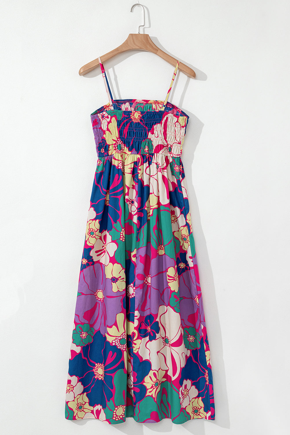 Purple Floral Print Shirred Spaghetti Strap Loose Maxi Dress Maxi Dresses 4e313512498950db
