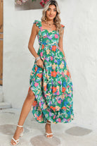 Green Boho Floral Print Ruffle Sleeveless Tiered Maxi Dress Maxi Dresses 4e4d761ef51b8b6d