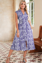 Dirty Blue Floral Print Smocked Waist Sleeveless Dress Midi Dresses 4e4e5add99524887
