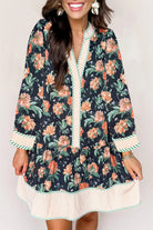 Blue Floral Print Striped Trim V Neck Long Sleeve Ruffle Hem Shift Mini Dress Floral Dresses 4e5d3aeff2a74d76