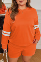 Orange Plus Size Varsity Striped Sleeve Sweatshirt and Shorts Set Plus Size Matching Sets 4e6792485637b4e6